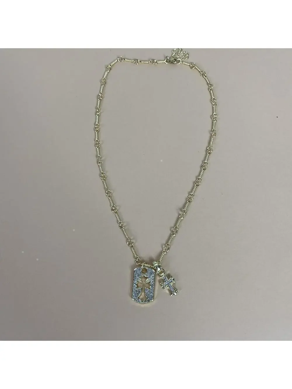 y2k 2000s style grunge gold chrome rhinestone cross dog tag style pendant